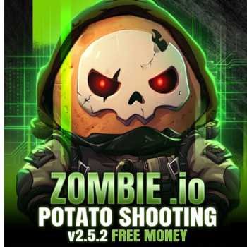 A professional-style game icon featuring the custom Potato Skull character from image_0.png, now depicted with advanced neon green digital effects and an abstract circuitry background. Clear text 'ZOMBIE .io' and 'v2.5.2 FREE MONEY' are integrated below the character. Designed as a featured image for a mod review.