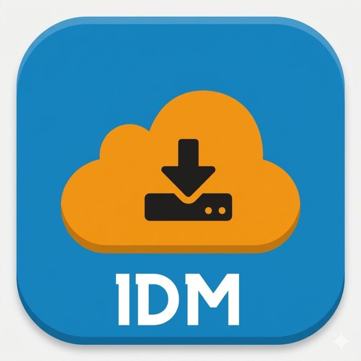 A 512x512 featured image for 1DM APK v21.0 showing a fast orange download arrow and the app name