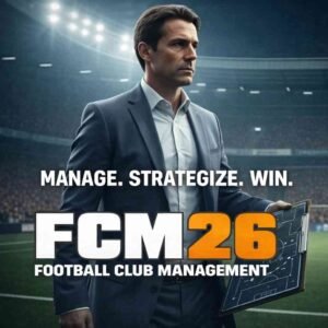 Promotional cover of FCM26 Football Club Management game showing a manager in a stadium holding tactics clipboard.