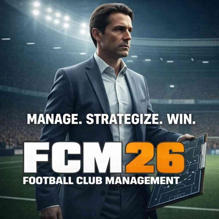 Promotional cover of FCM26 Football Club Management game showing a manager in a stadium holding tactics clipboard.